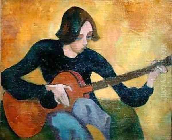 Nina Hamnett 1890-1956 with Guitar Oil Painting by Roger Eliot Fry