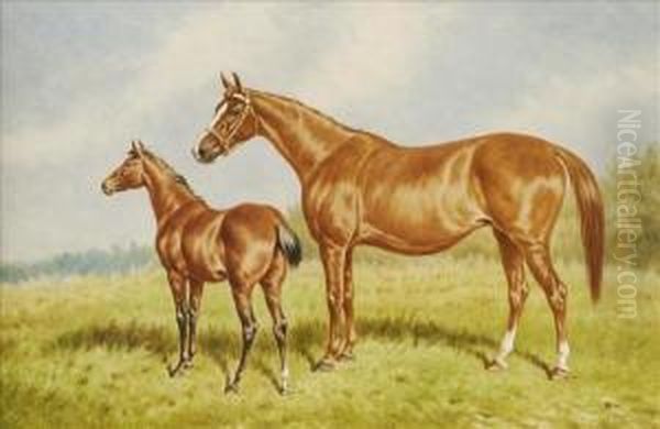 'mrs. Fenley' With Her Foal By 'tiber' Oil Painting by William Eddowes Turner