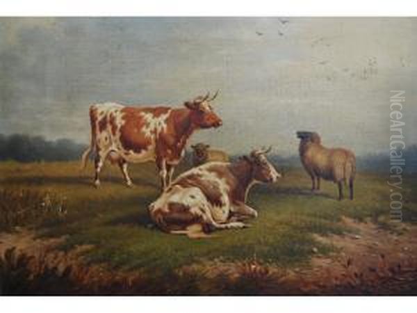 Cattle And Sheep In A Meadow Oil Painting by William Eddowes Turner