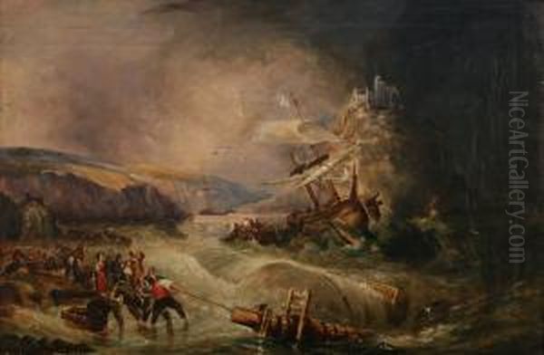 Coastal Landscape With Figures In A Boat Rescuing People From A Wreck Oil Painting by William Eddowes Turner