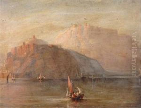 A Castle On A Hilltop With Lake And Many Small Boats Oil Painting by William Eddowes Turner