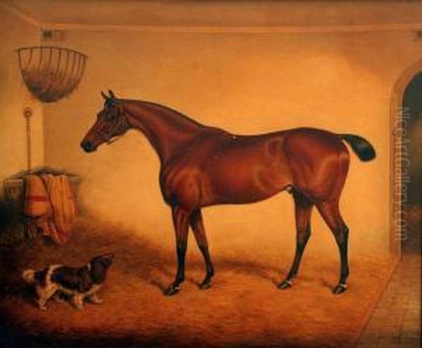 Horse And Spaniel In A Stable Interior Oil Painting by William Eddowes Turner