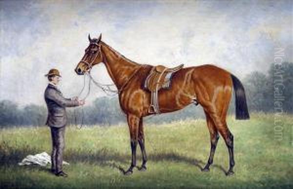 Portrait Ofa Saddled Bay Racehorse, With Groom Oil Painting by William Eddowes Turner