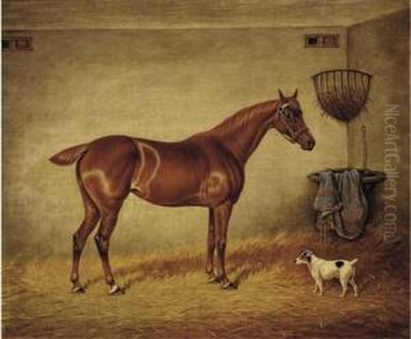 A Chestnut Racehorse And A Jack Russell In A Stable Oil Painting by William Eddowes Turner