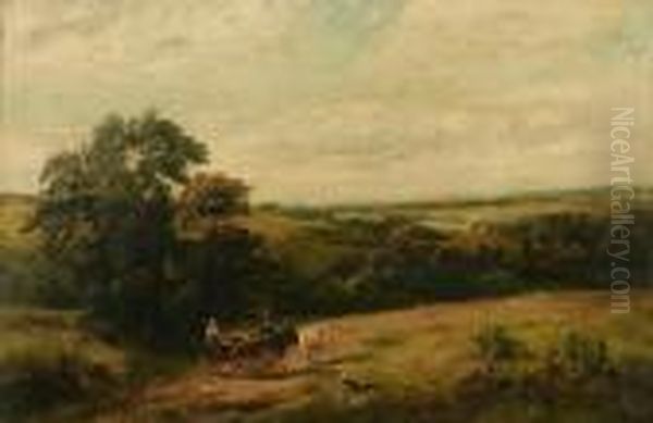 Countryside Landscape With Figures, Horses And Carriage Oil Painting by William Lakin Turner