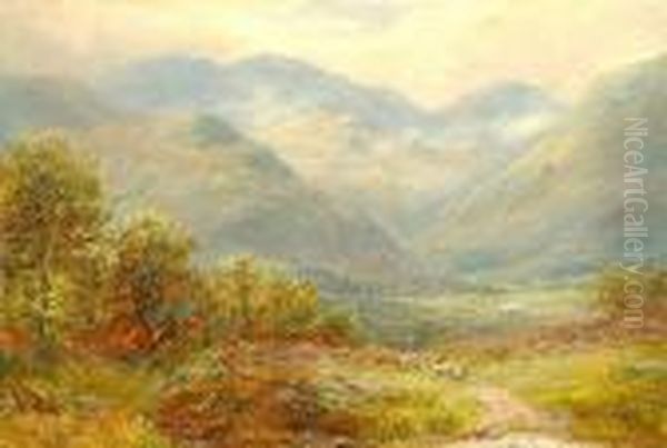 A Shepherd And Flock Making Their Way Through A Cumbrian Landscape. Oil Painting by William Lakin Turner