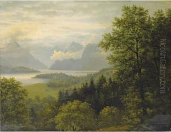 Bords De Lac , Probablement Le 
Lac De Lucerne [ ; By The Lake , Probably Lucerne Switzerland; Oil On 
Paper Laid Down On Canvas ; Dated 1816 ; Inscribed On The Reserve] Oil Painting by Lancelot Theodore Turpin De Crisse