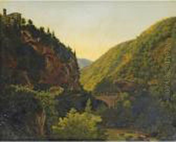 Pont Et Aqueduc En Ruine A San 
Cosimato [ ; Bridge And Acqueduct In Ruins, San Cosimato; Oil On Paper 
Laid Down On Canvas ; Inscribed On The Reverse] Oil Painting by Lancelot Theodore Turpin De Crisse