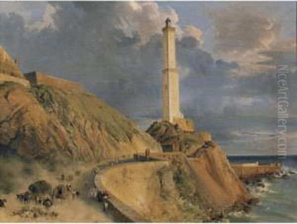 View Of A Lighthouse Near Naples Oil Painting by Lancelot Theodore Turpin De Crisse