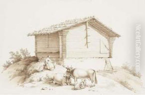 Un Chalet Du Canton De Berne Avec Une Fermiere, Des Vaches Et Deschevres Au Premier Plan Oil Painting by Lancelot Theodore Turpin De Crisse