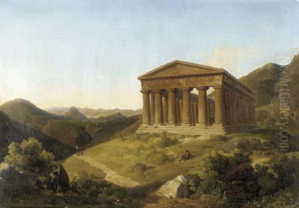 A Mountainous Landscape With A View Of The Temple Of Segesta, Sicily Oil Painting by Lancelot Theodore Turpin De Crisse