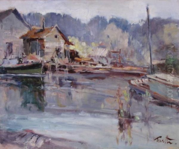 A Harbor Scene Oil Painting by Arnold Turtle