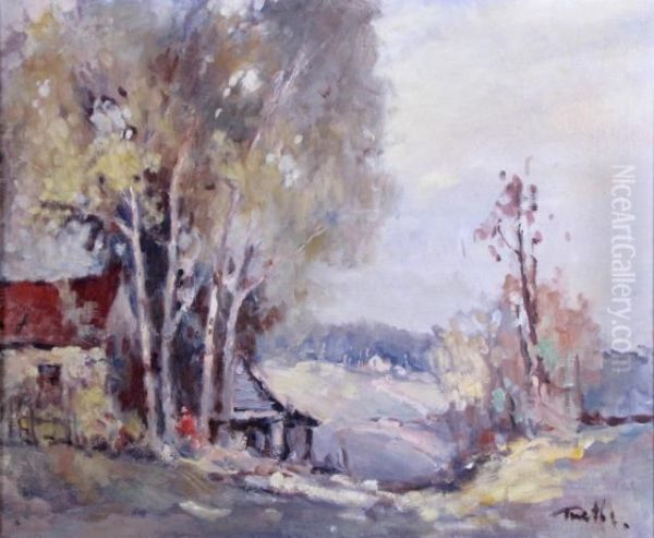 Depicting Rural Homestead With Figure Oil Painting by Arnold Turtle