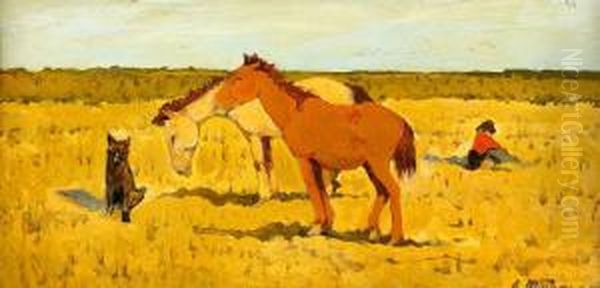 Horses In The Midday Sun Oil Painting by Leonard Viktorovich Turzhanky