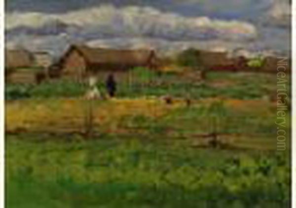 Landscape With Field And Houses Oil Painting by Leonard Viktorovich Turzhanky