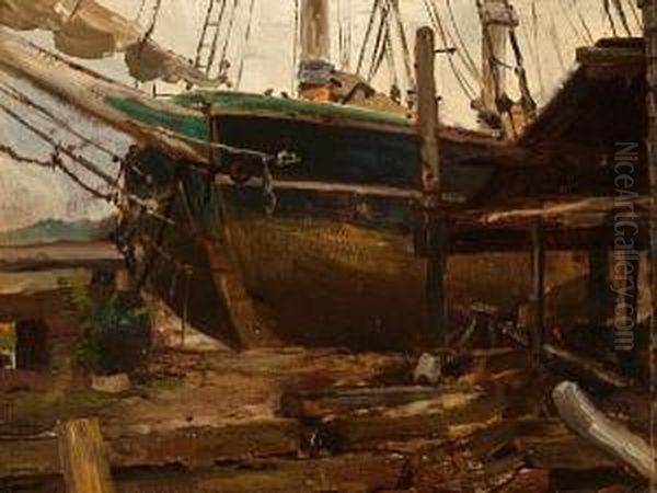 Boatyard Oil Painting by John Henry Twachtman