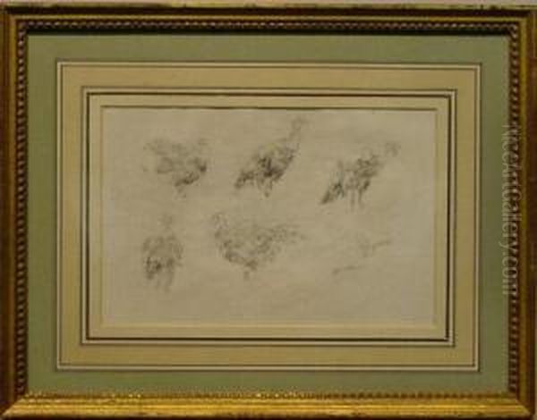 Five Turkeys [recto] And Tree [verso]: A Double-sided Drawing Oil Painting by John Henry Twachtman