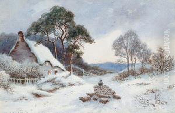 A Shepherd And His Flock In A Snowy Landscape Oil Painting by Thomas Nicholson Tyndale