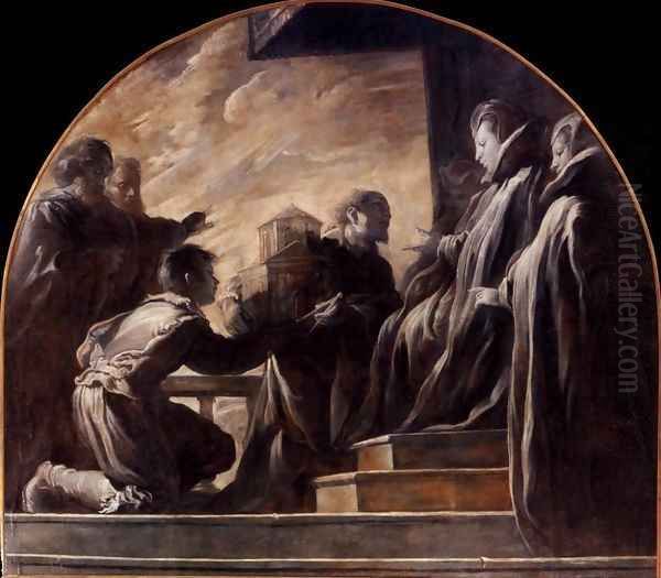 Margherita Gonzaga Receiving the Model of the Church of St Ursula Oil Painting by Domenico Feti