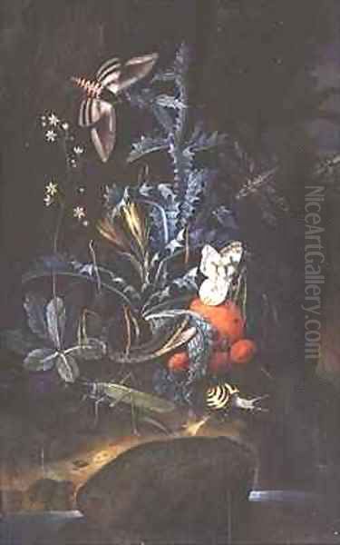 Woodland Scene with Flowering Thistle Snake Nightmoth and Butterflies Oil Painting by Johann Falch