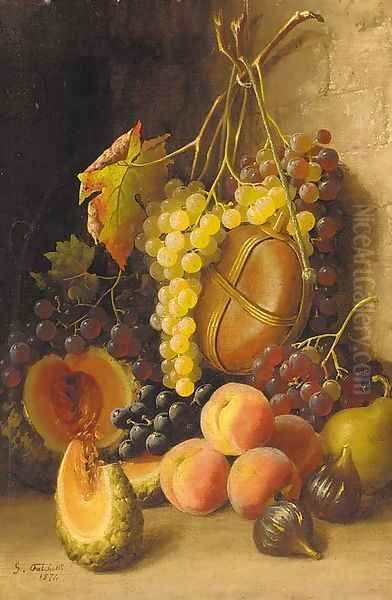 Grapes, peaches, figs, a melon and a wine flask against a wall Oil Painting by Giuseppe Falchetti