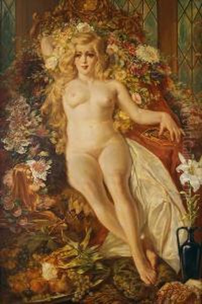 Desnudo Femenino Con Flores Yfrutas. Oil Painting by Medard I Tytgat