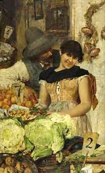 A Venetian Vegetable Stall Courtship Oil Painting by Giacomo Favretto