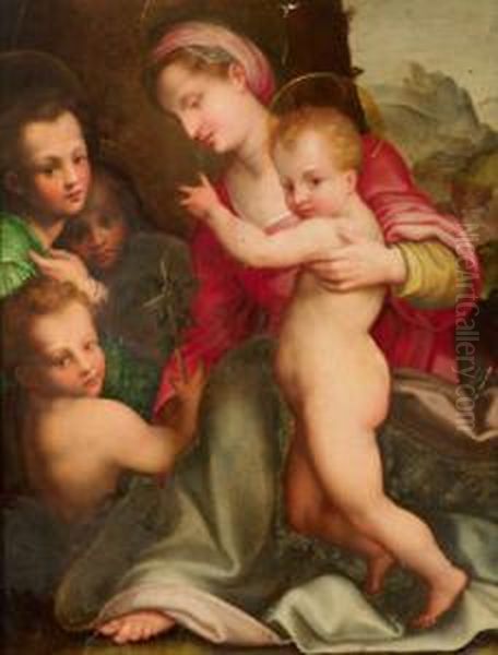 O Madonna Con Bambino E San Giovannino E Due Fanciulli Sullo Sfondo Oil Painting by Domenico Puligo