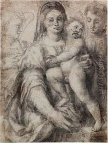 The Madonna And Child And Two Angels Oil Painting by Domenico Puligo