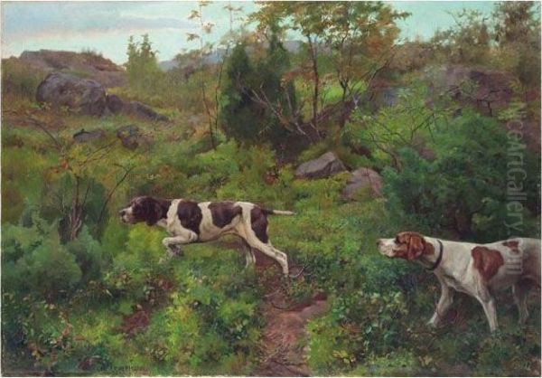 Jakthunder (hunting Companions) Oil Painting by Karl Kristian Uchermann