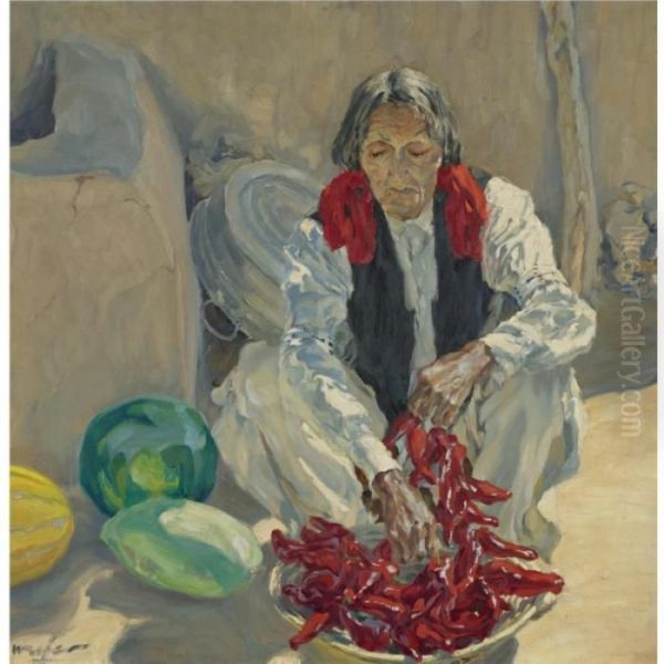 Stringing Chili Peppers Oil Painting by Walter Ufer