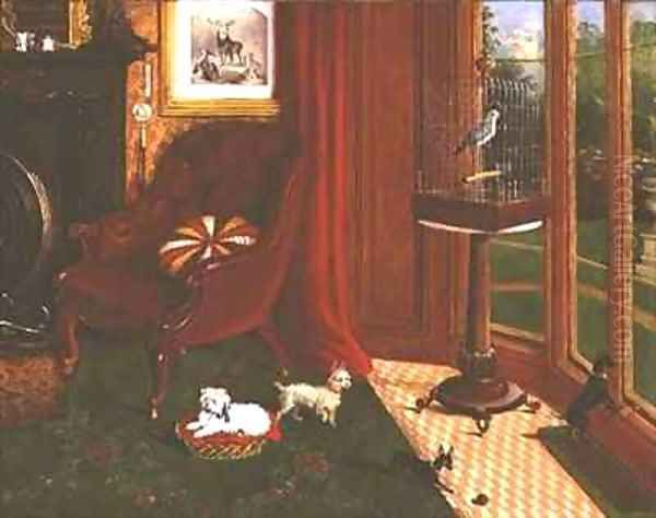 Interior with terriers and a parrot in a cage Oil Painting by E.M. Fox