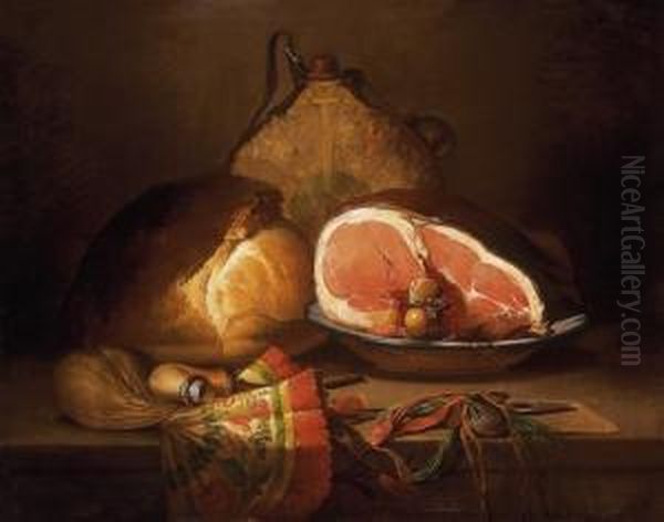 Still Life With Ham Oil Painting by Ferenc Ujhazy