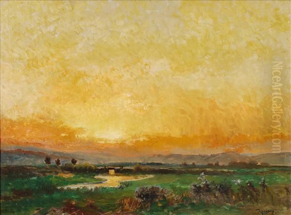 Landscape At Sunset Oil Painting by Ignac Ujvary