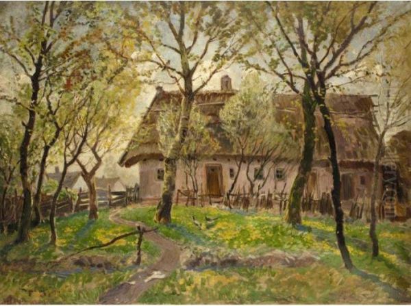 A Country Cottage Oil Painting by Ignac Ujvary