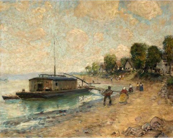 Figures Near A Boat On The Shores Of The River Donau Oil Painting by Ignac Ujvary