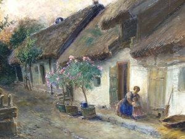 Hungarian, -- Mother And Child By A Cottage Door Oil Painting by Ignac Ujvary