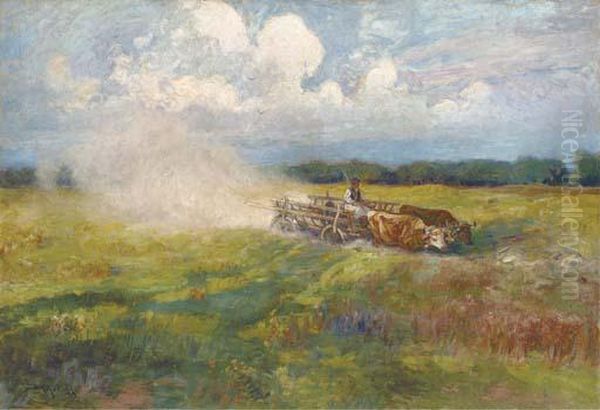 An Oxen-drawn Cart Crossing A Field In Summer Oil Painting by Ignac Ujvary