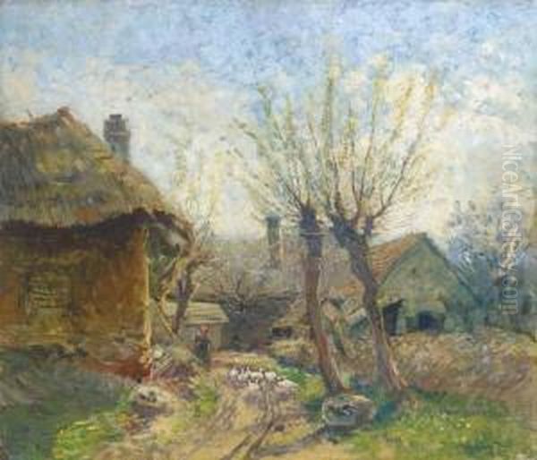 A Country Farm Oil Painting by Ignac Ujvary