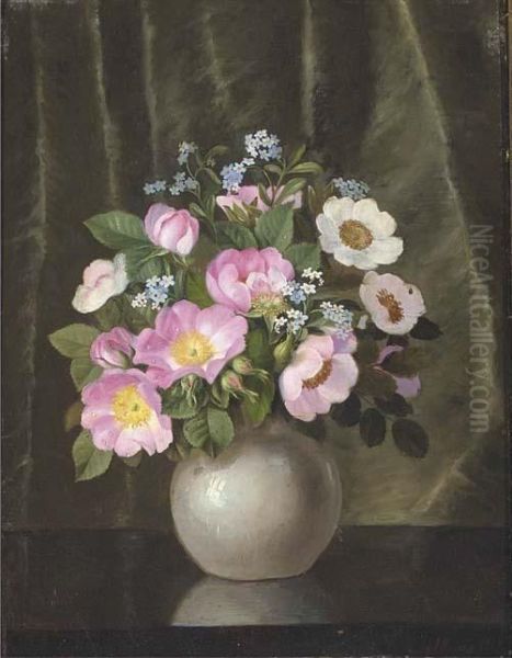 Summer Flowers In A Grey Vase On Polished Table Oil Painting by Emil C. Unlitz