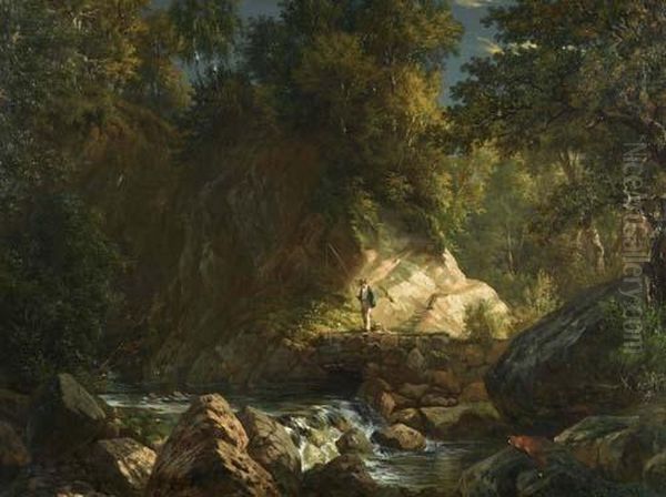 Fishermen At The Woodland Stream. 1881. Oil Painting by Johann Jakob Ulrich