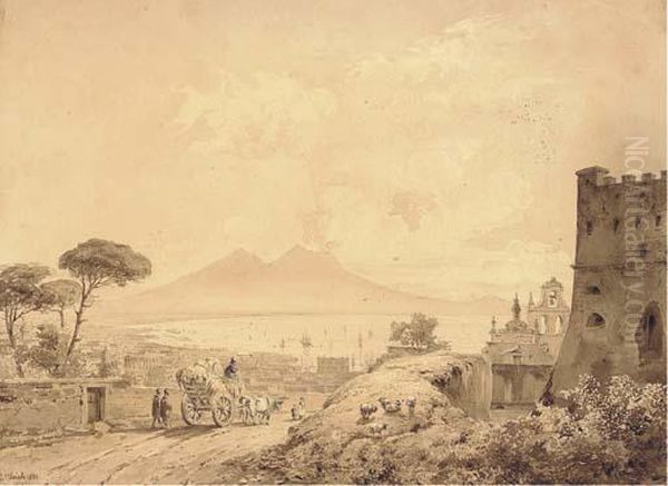 The Bay Of Naples From Castel Sant'elmo, Vesuvius Seen In Thedistance Oil Painting by Johann Jakob Ulrich