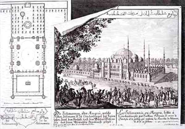 Plan and View of the Suleymaniye Mosque Istanbul Oil Painting by Johann Bernhard Fischer von Erlach