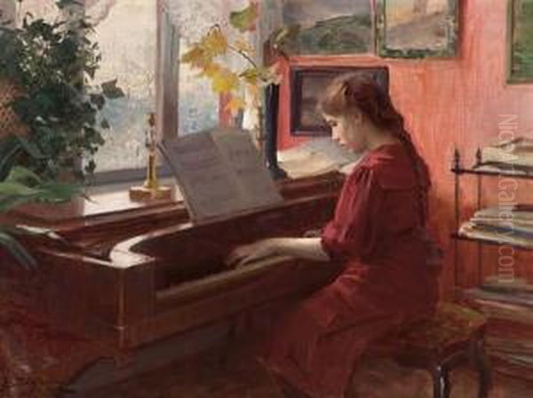 Ved Pianoet Oil Painting by Even Ulving