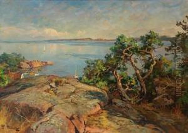 Kystlandskap Med Seilbater, Langviken Tjome Oil Painting by Even Ulving