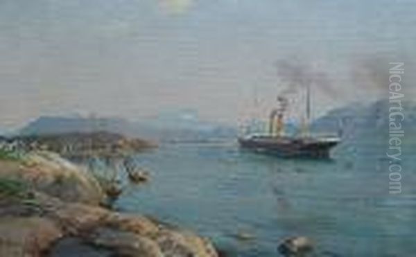 Norwegian Fjord With A British Ship Oil Painting by Even Ulving