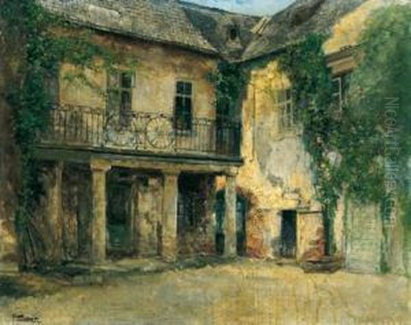 A Courtyard Oil Painting by Paul Unbereit