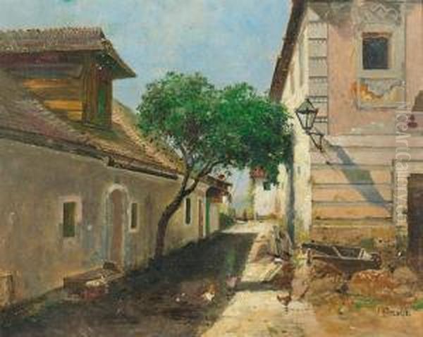 Bauernhof Mit Pickenden Huhnern. Oil Painting by Paul Unbereit