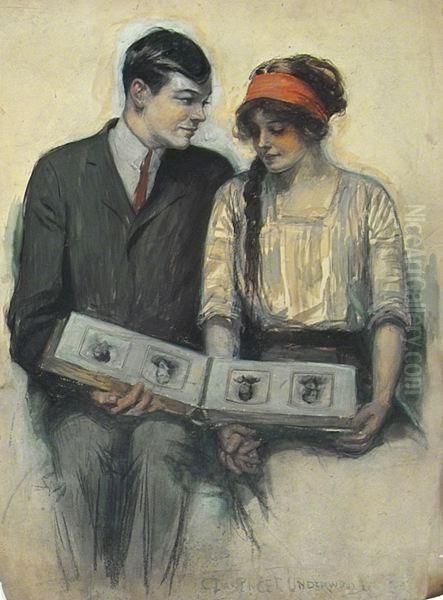 Magazine Cover: Young Couple Looking At Photo Album. Oil Painting by Clarence Frederick Underwood