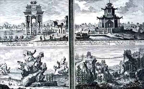 Four Views showing a Chinese Triumphal Arch a Pagoda at Sinkicien in the Province of Xantum Artificial Mountains and Caves and a Chain Bridge near the town of Kingtung China Oil Painting by Johann Bernhard Fischer von Erlach